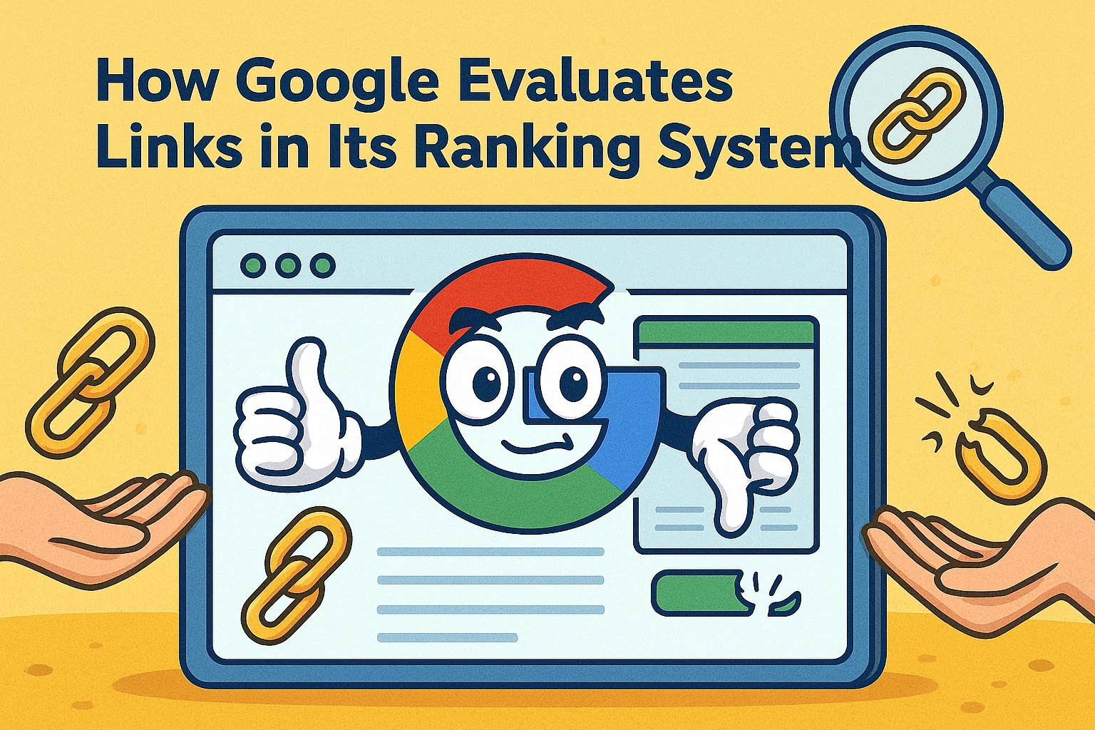 Funny cartoon showing Google as a judge scoring backlinks on stage