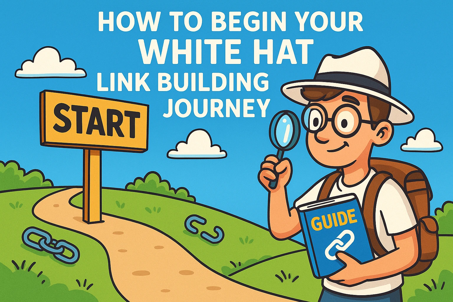 Cartoon knight in shining armor riding a white horse, typing on a laptop, symbolizing white hat SEO link building.