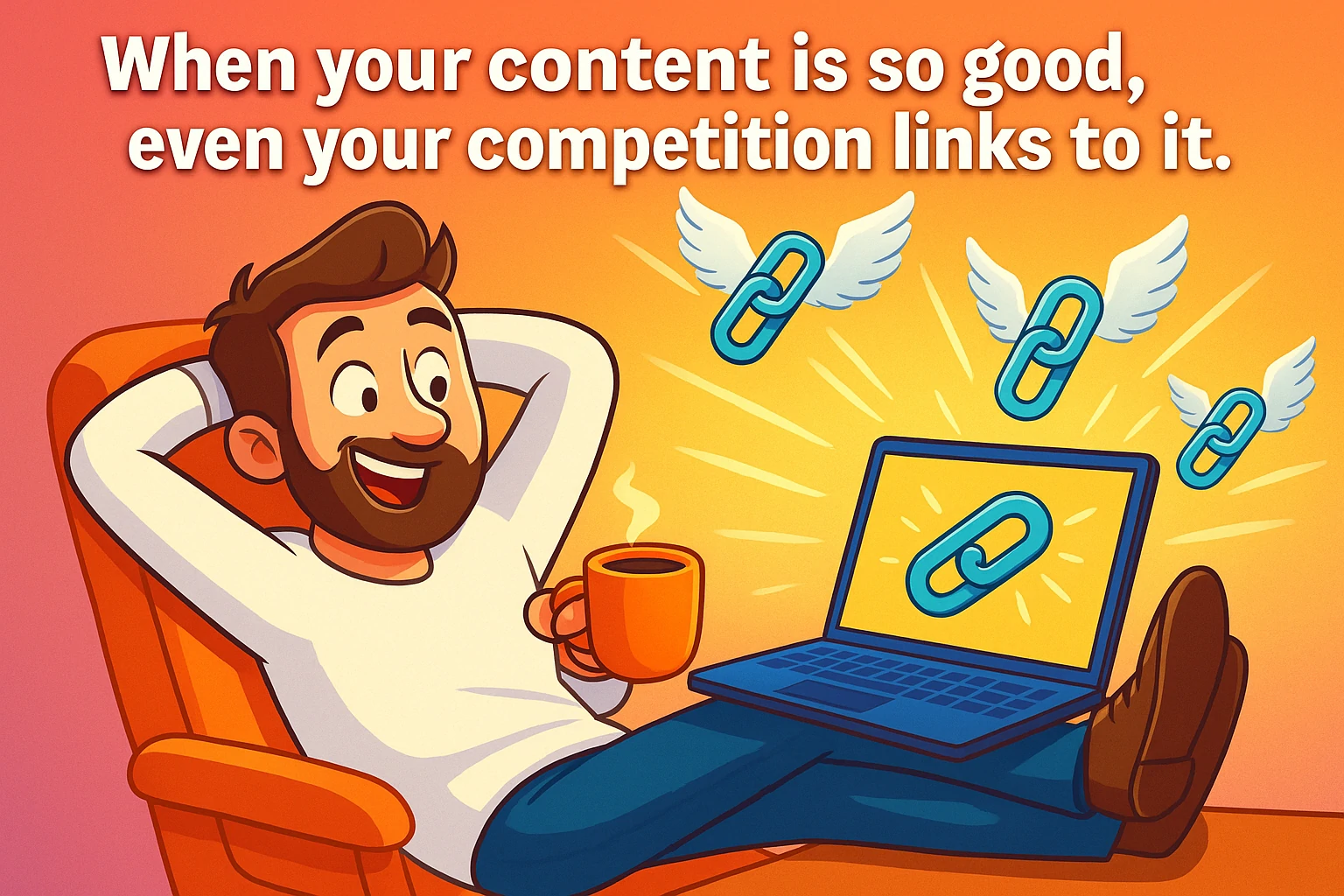 Cartoon of a surprised SEO expert opening the door to a backlink character holding a gift box labeled DA 90+.