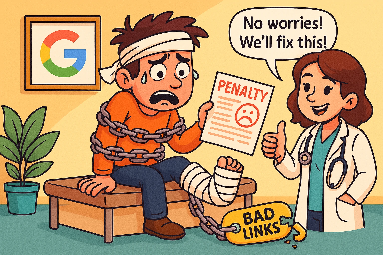 Cartoon man sweating as he scrubs spammy links off a giant Google penalty notice, looking panicked but determined.