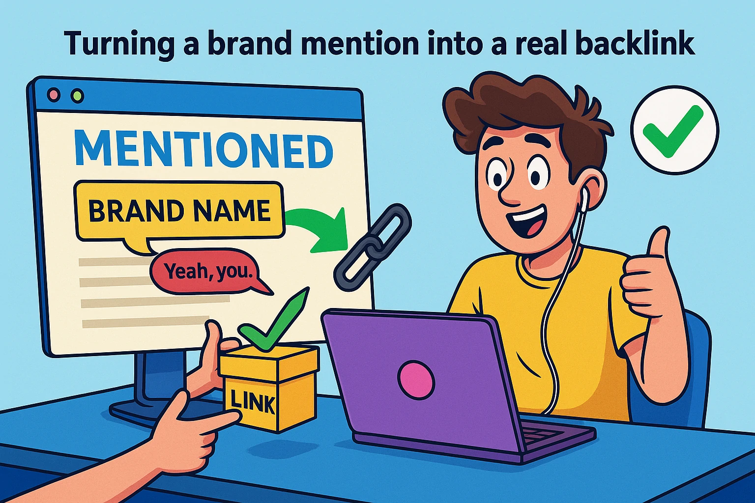 Cartoon marketer transforming a brand mention into a glowing backlink symbol using a laptop.