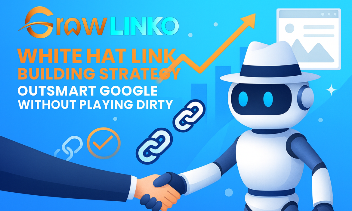 Illustration of SEO professionals using digital tools for white hat link building strategies