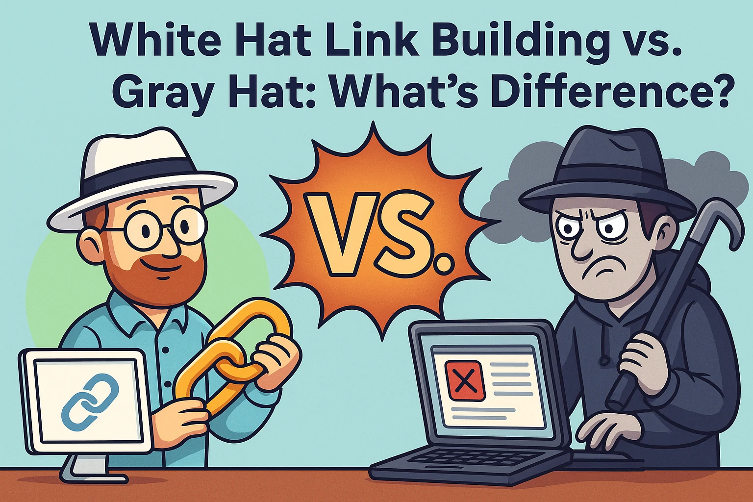 Cartoon-style image of a cheerful white hat SEO expert debating a sly gray hat marketer in a colorful comic scene