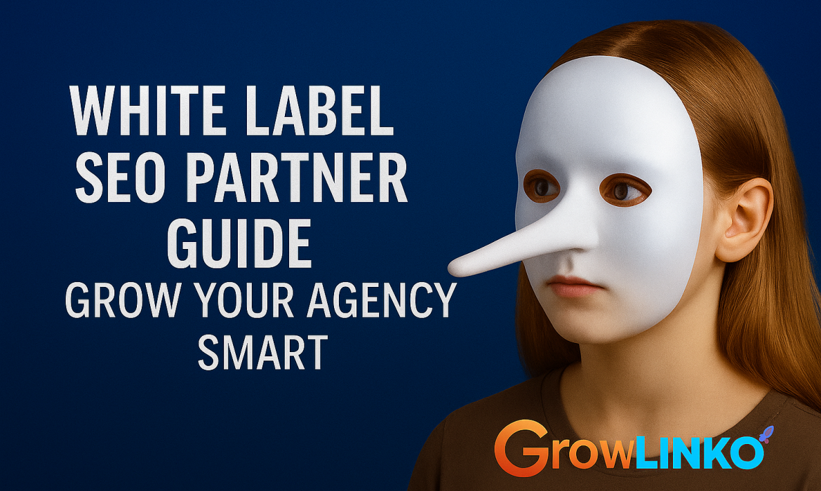 A young girl wears a white Pinocchio-style mask with a long nose, standing against a dark blue background with the title “White Label SEO Partner Guide: Grow Your Agency Smart” and GrowLinko branding below.