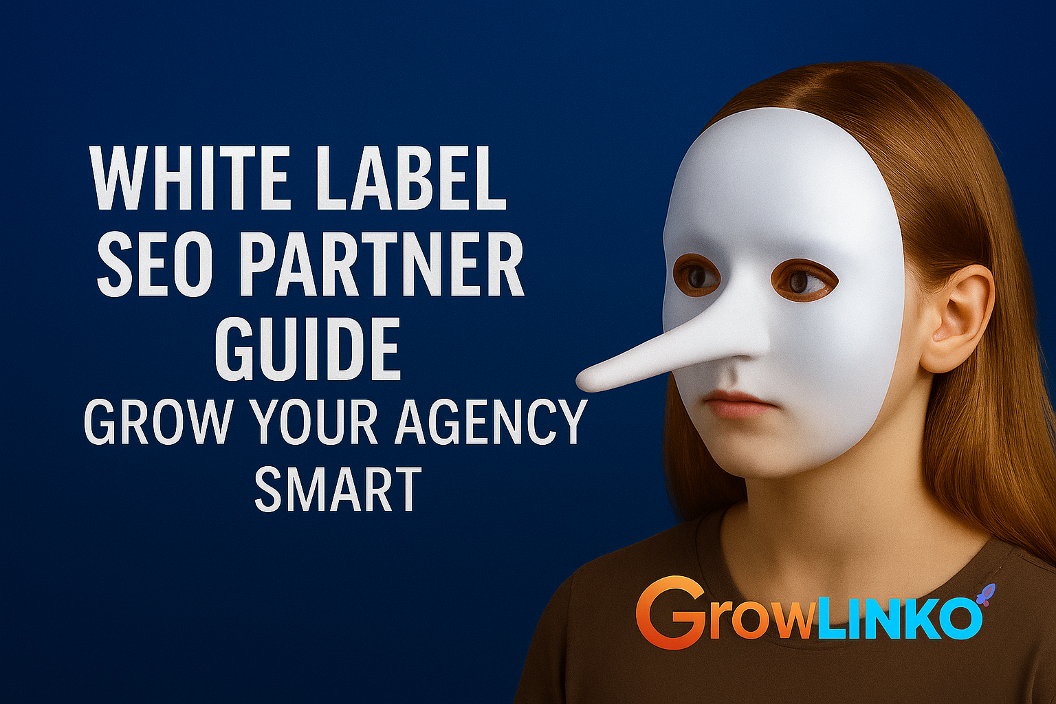 A young girl wears a white Pinocchio-style mask with a long nose, standing against a dark blue background with the title “White Label SEO Partner Guide: Grow Your Agency Smart” and GrowLinko branding below.