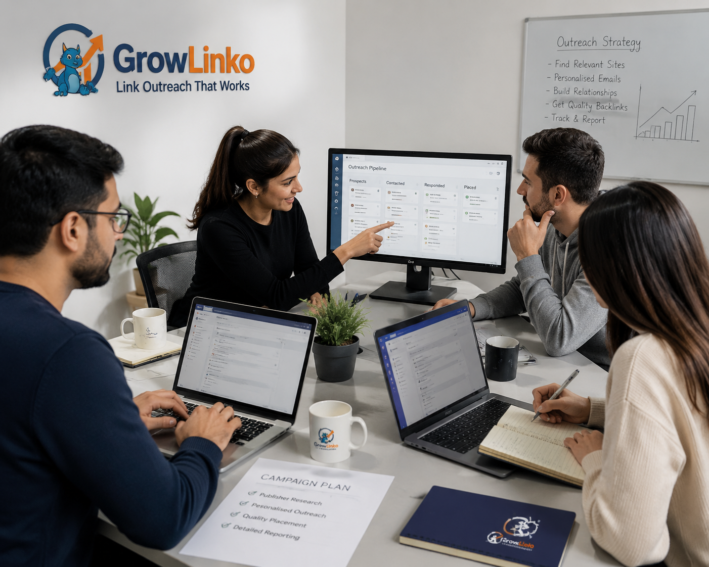 Agency team collaborating on a white-label link outreach campaign