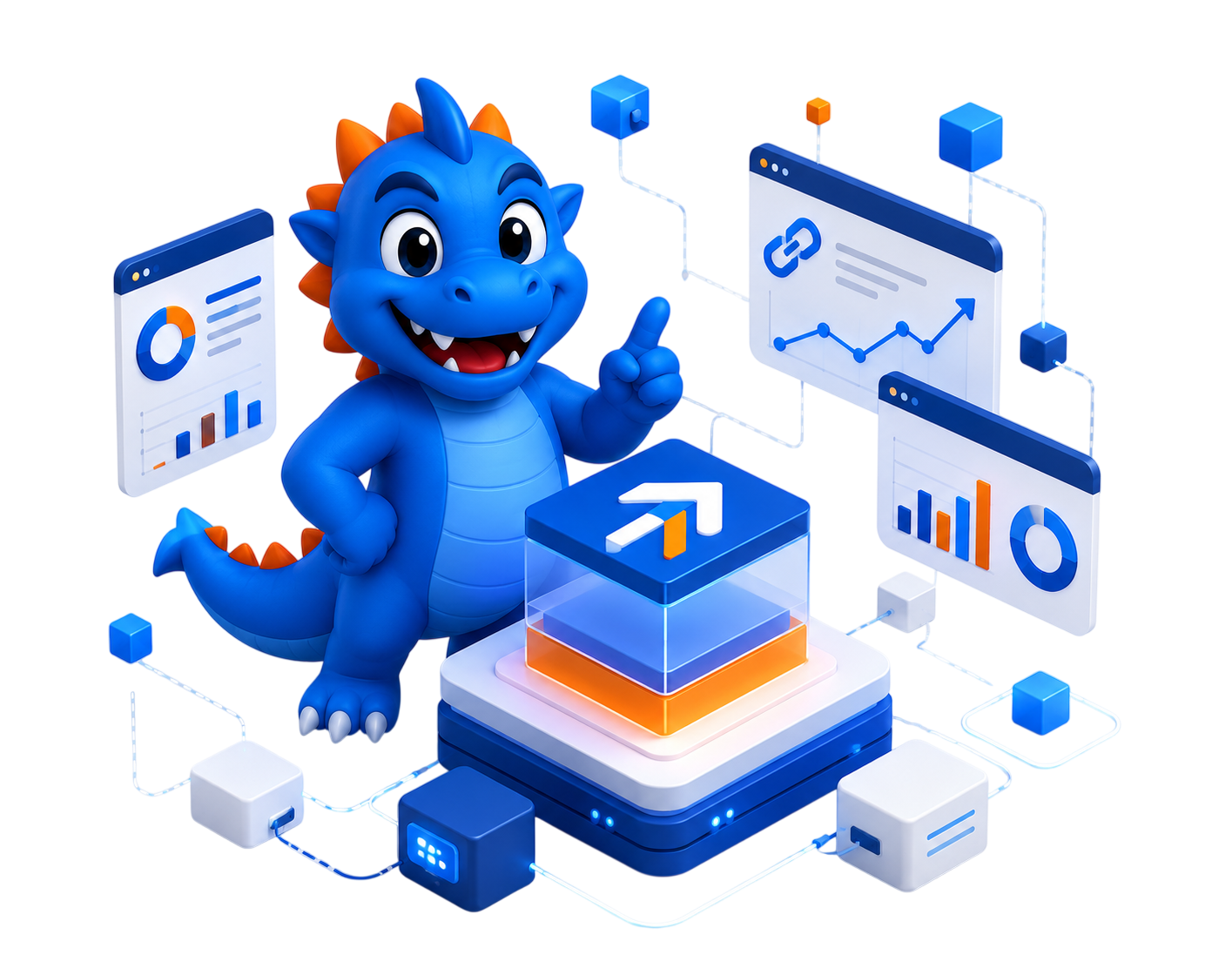 GrowLinko mascot presenting an authority growth system with dashboards, link-building data, and publisher workflow visuals